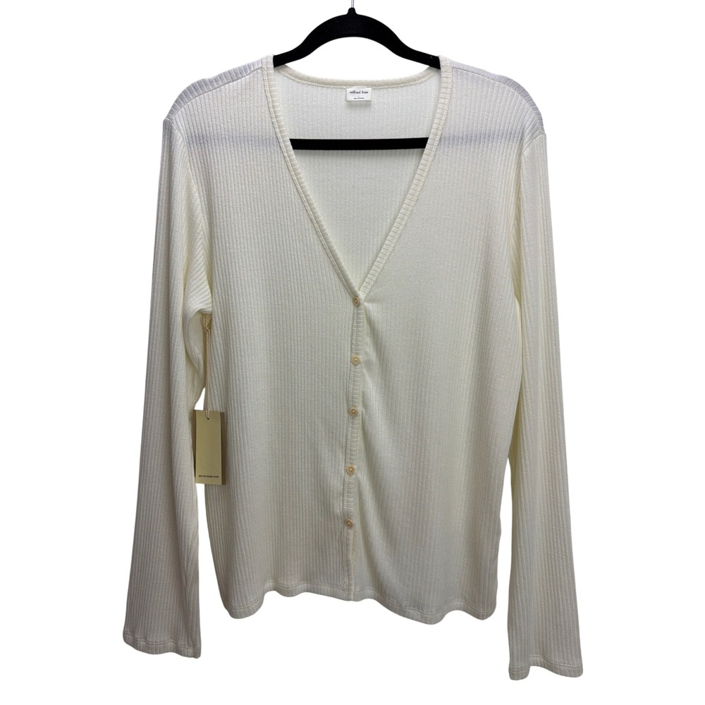 Wilfred Free Cream Ribbed Long Sleeve Button Front Cardigan L Minimalist Staple